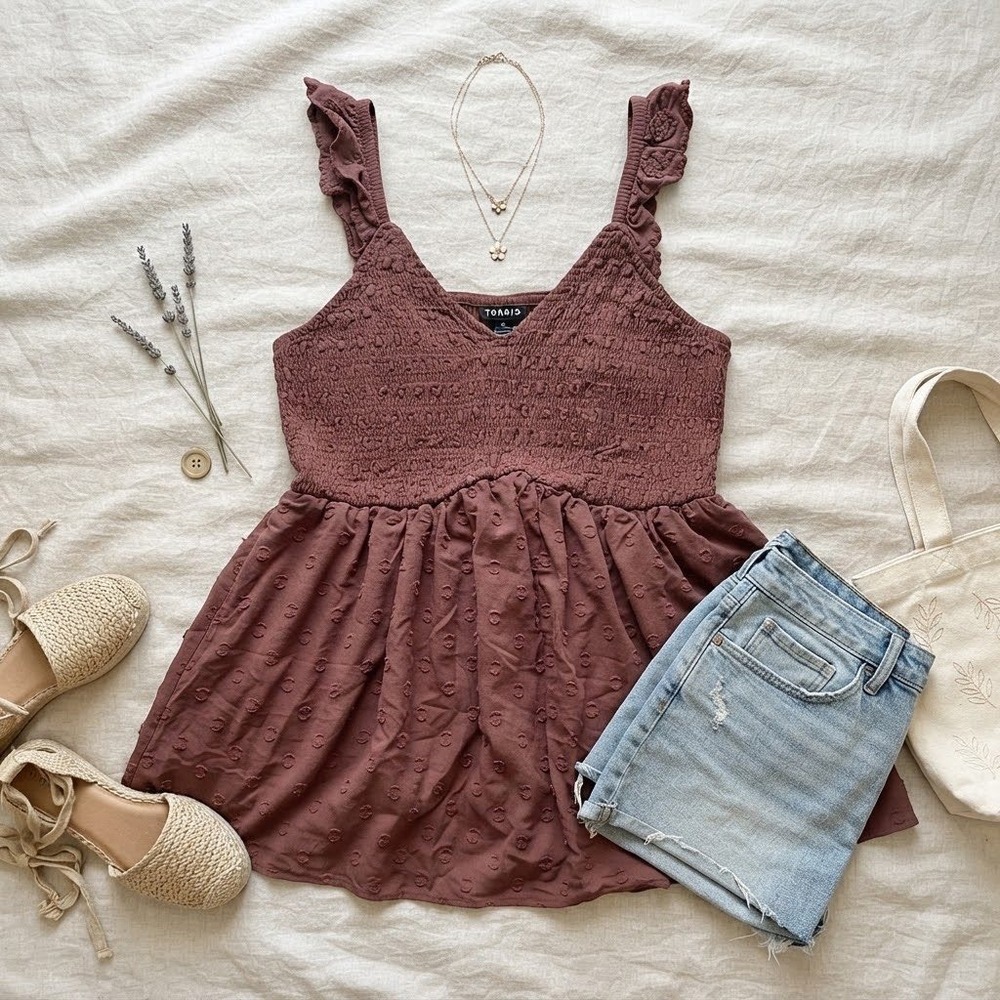 Torrid Womens Size 1 Brown Smocked Swiss Dot Ruffle Strap Babydoll Cami Top